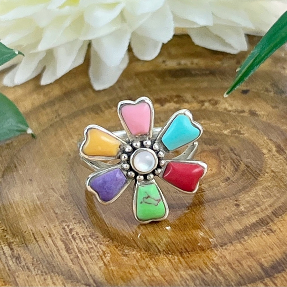 Southwest Jewelry - Vintage Sterling Silver 925 Size 6 Turquoise Pink Conch Multi Inlay Flower Ring